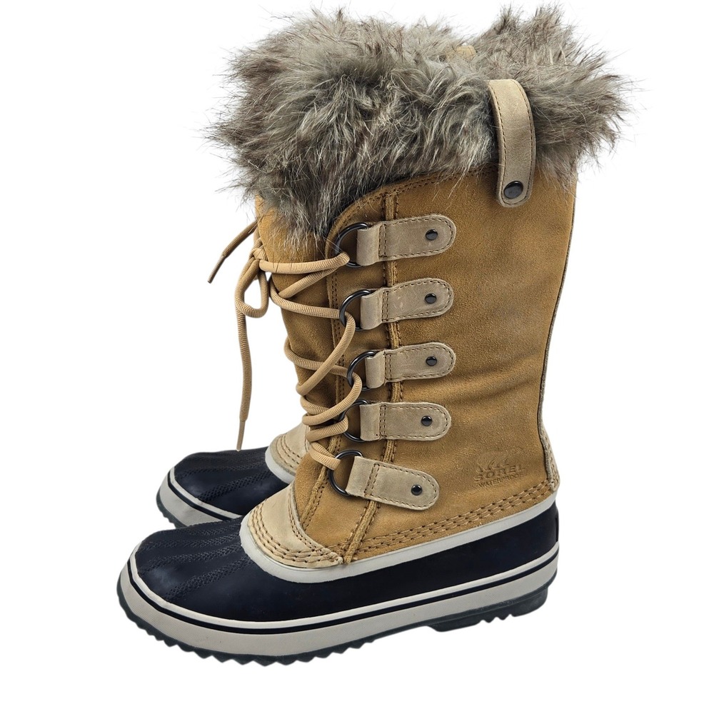 Sorel Joan of Arctic Waterproof Suede Faux Fur Winter Boots Tan Black Size 7 EUC